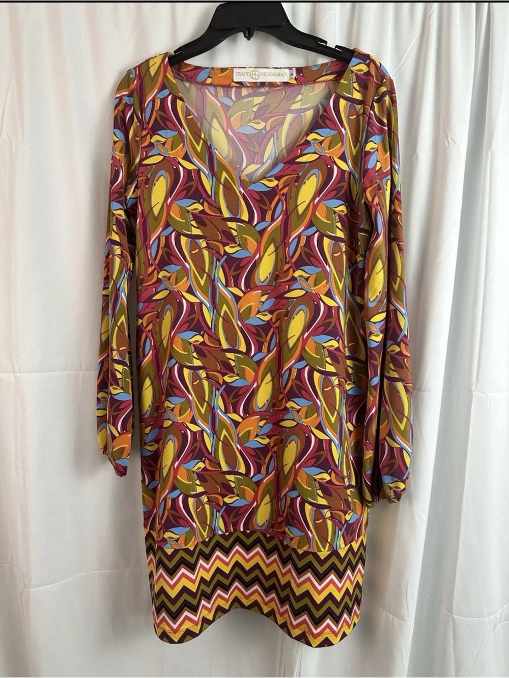 Tracy Negoshian V-Neck Tunic Dress - Yellow & Burgundy Print, Size M- Boho